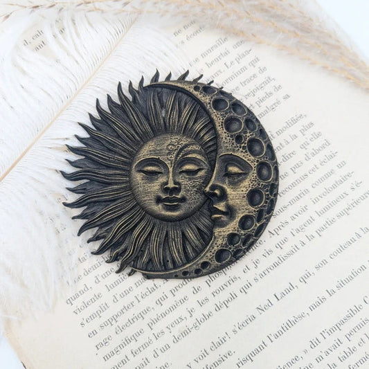  Décoration murale soleil lune noir antique – pièce ésotérique fait main