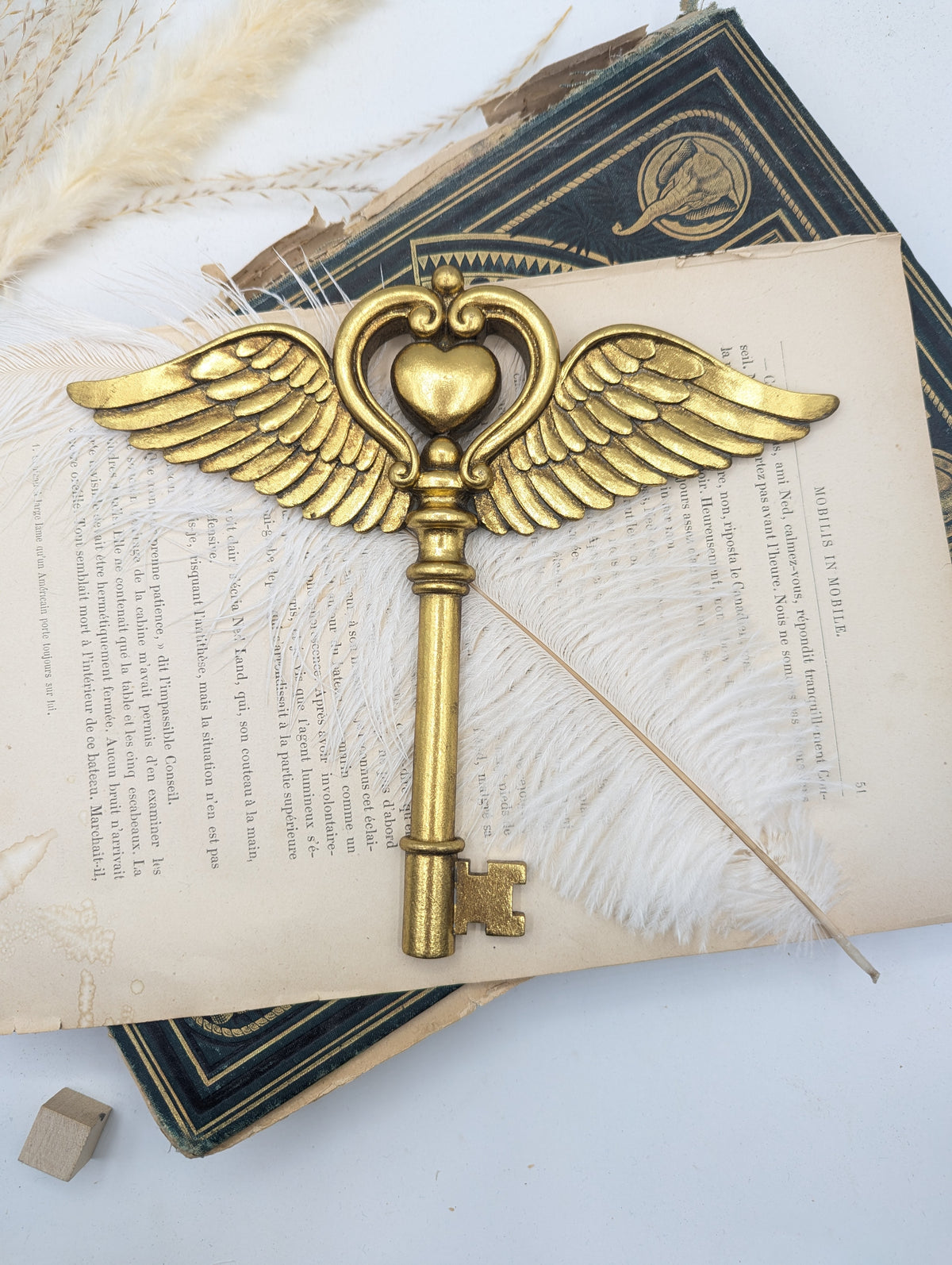 Clé féerique dorée ailes d'ange posée sur un livre ancien