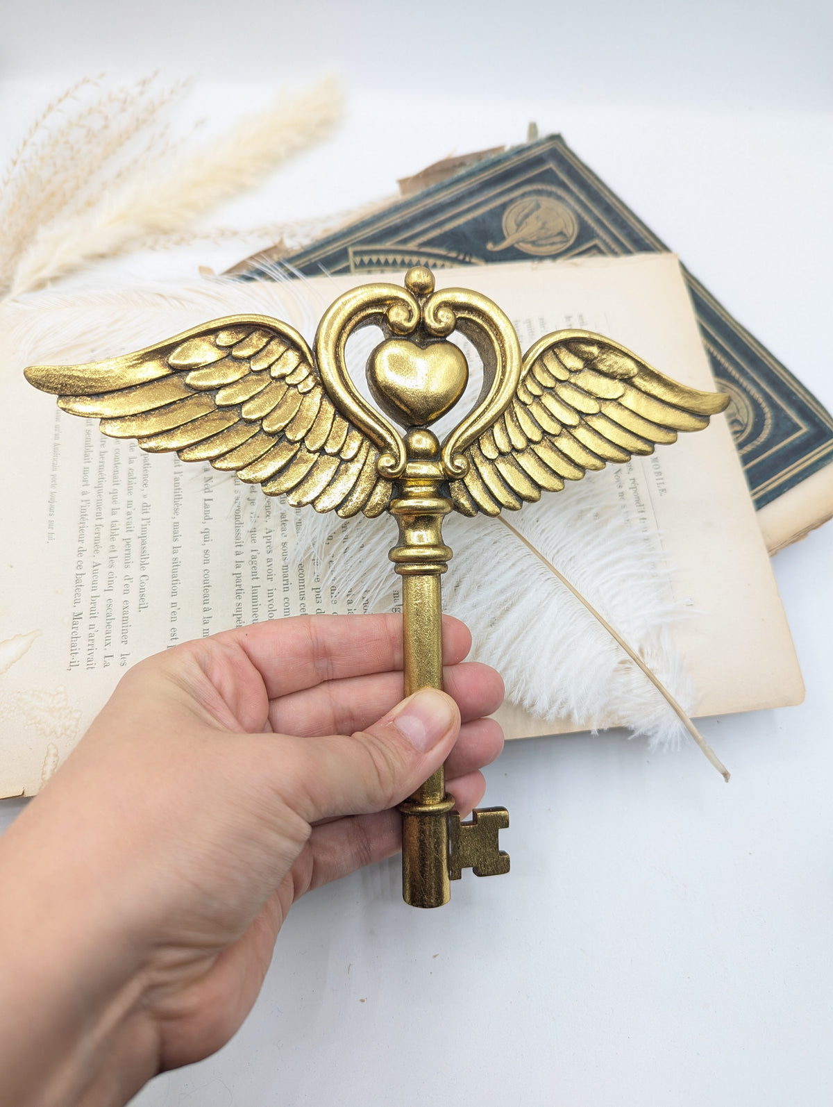 Clé de grimoire ailes d'ange tenue en main avec plume blanche