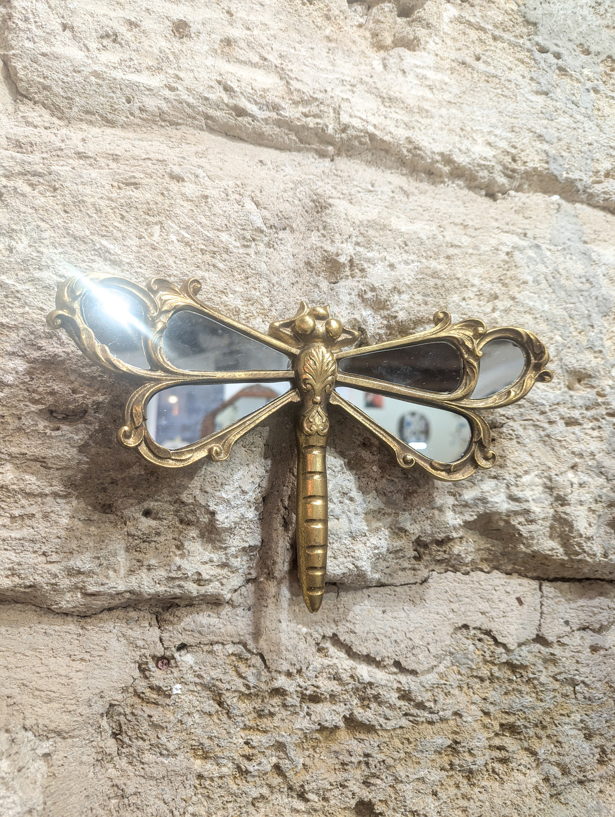 Libellule dorée à ailes miroir, décoration murale vintage