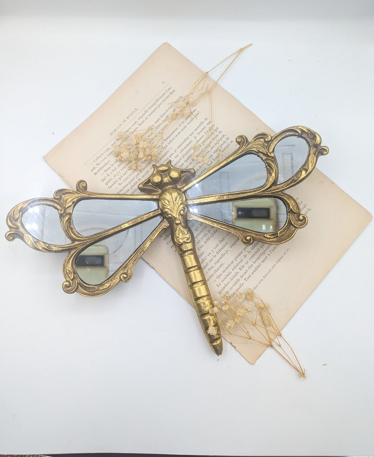 Miroir libellule doré aux ailes en miroir posé sur un livre ancien