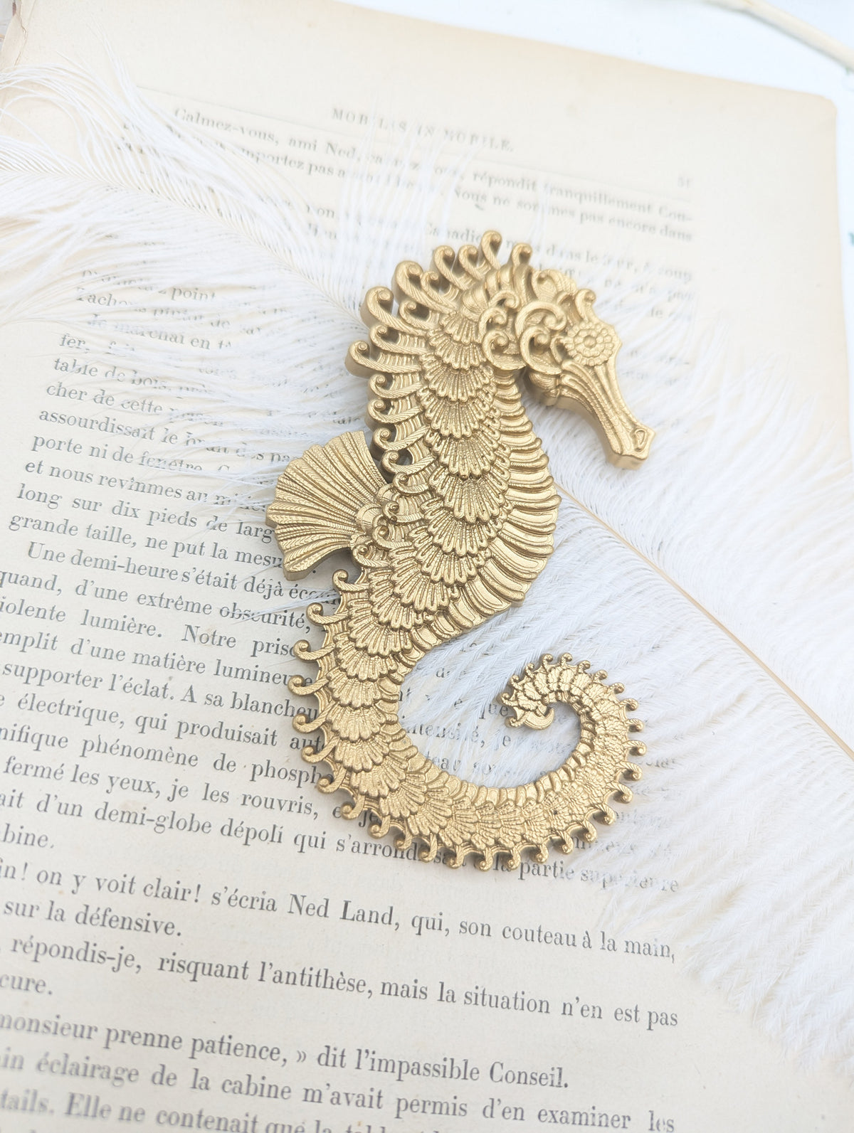 Hippocampe doré style art nouveau sur page de livre ancien