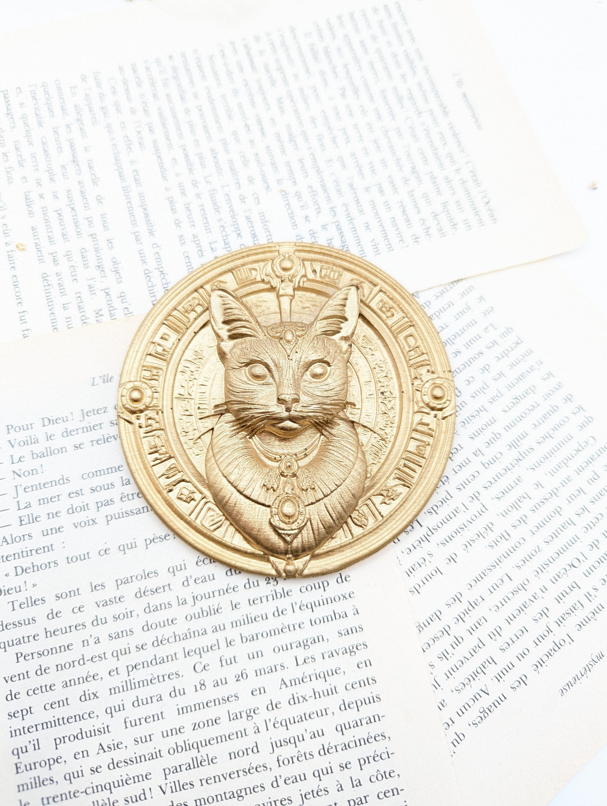 Vue détaillée de la décoration murale chat Bastet médaillon or antique égyptien