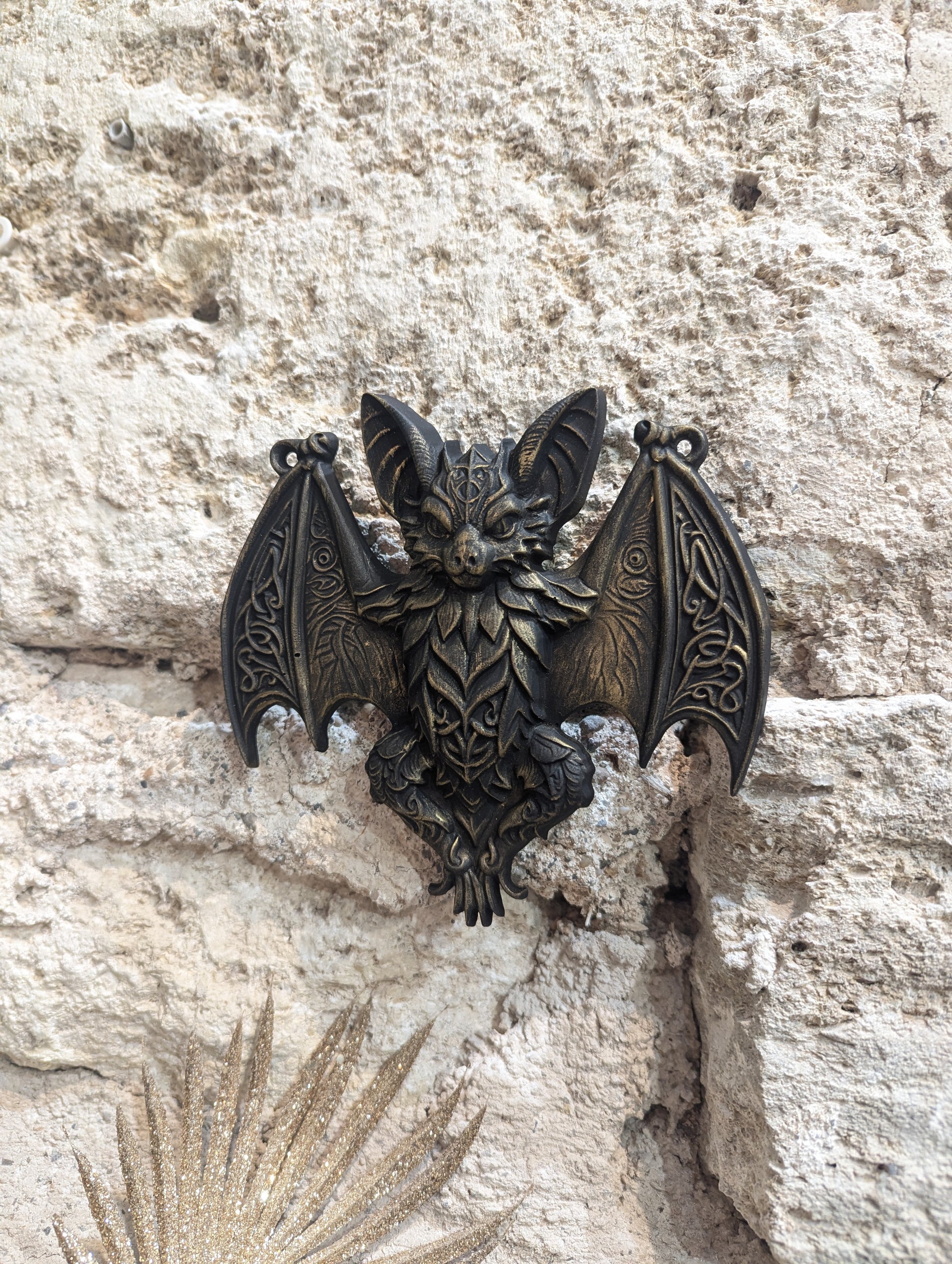 Vue détaillée de la décoration murale chauve-souris gothique steampunk noir antique