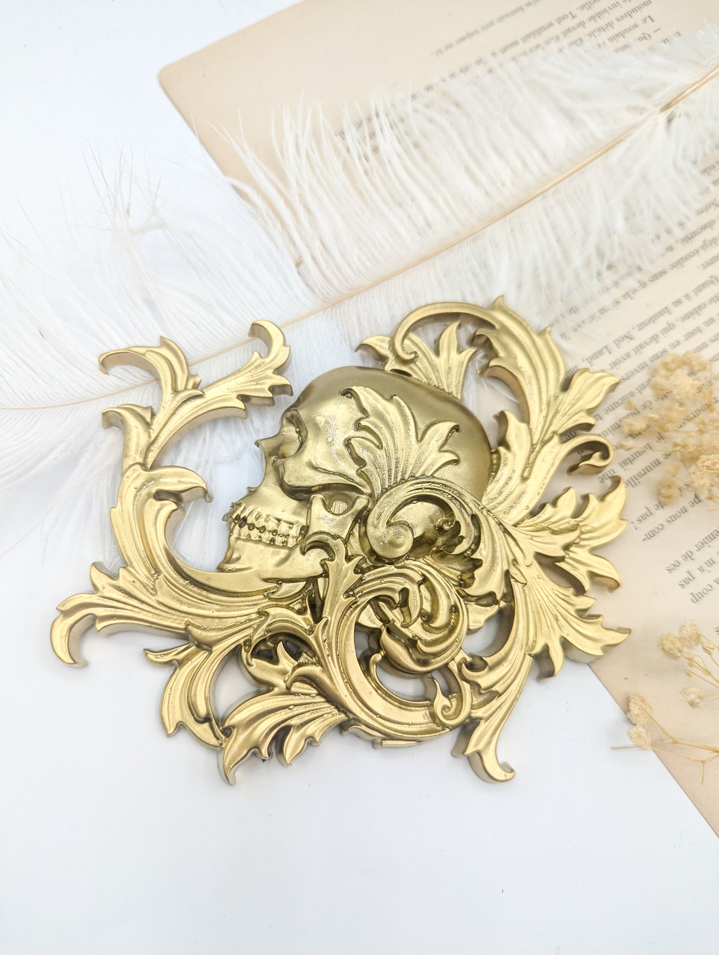 Crâne décoratif doré inspiration cabinet de curiosités et univers baroque fantastique