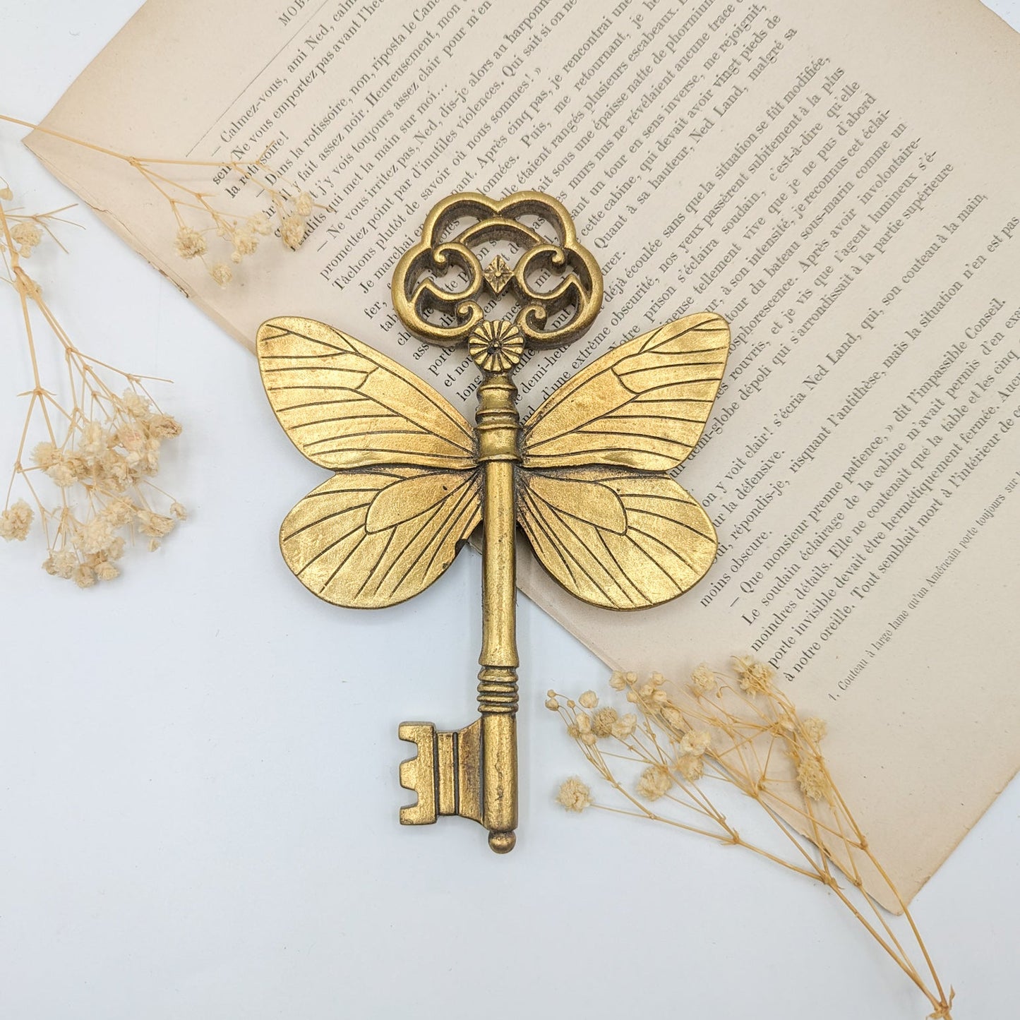  Une clé décorative en laiton avec un design d'ailes de papillon. La clé est posée sur une page de livre vintage et des fleurs séchées. Le design de la clé comprend un dessus en forme de nuage et un trou de serrure détaillé.