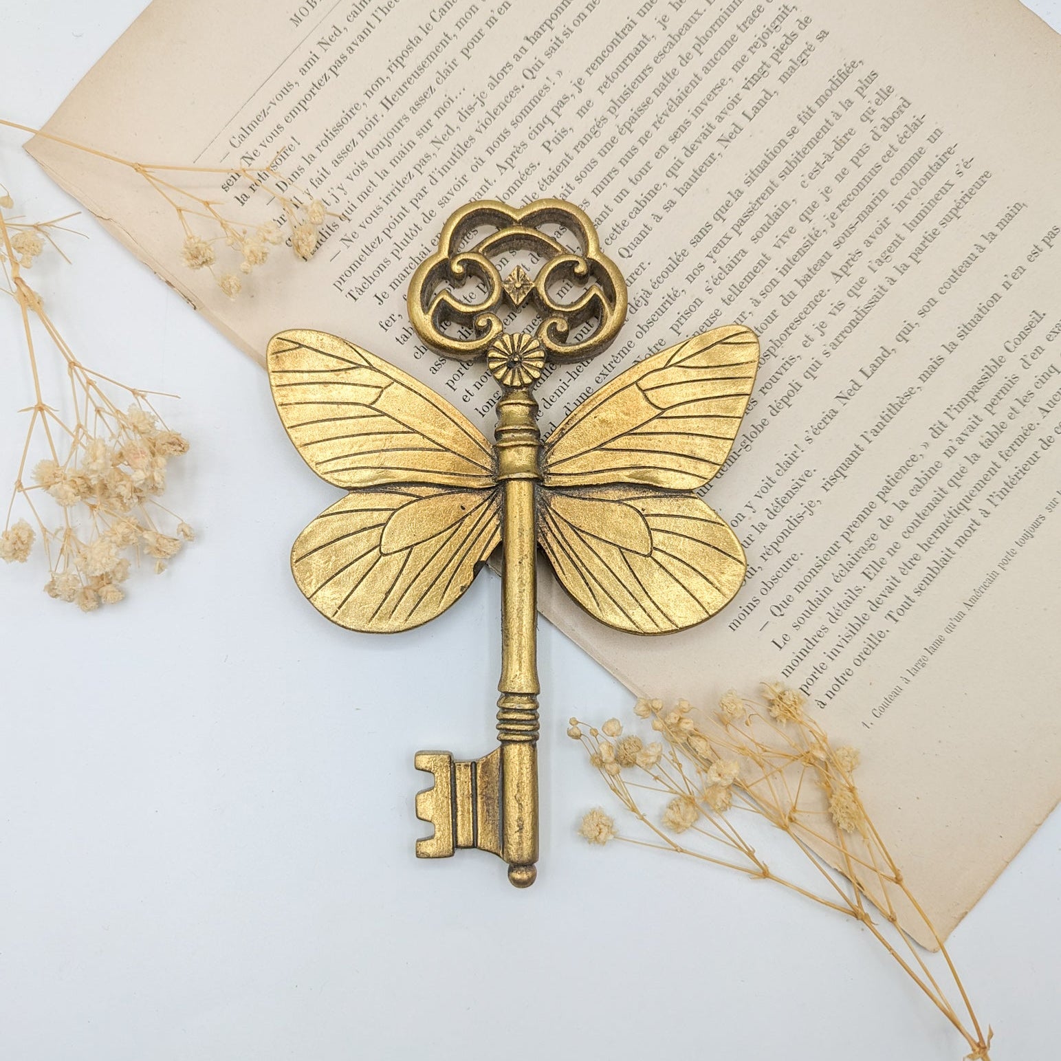  Une clé décorative en laiton avec un design d'ailes de papillon. La clé est posée sur une page de livre vintage et des fleurs séchées. Le design de la clé comprend un dessus en forme de nuage et un trou de serrure détaillé.