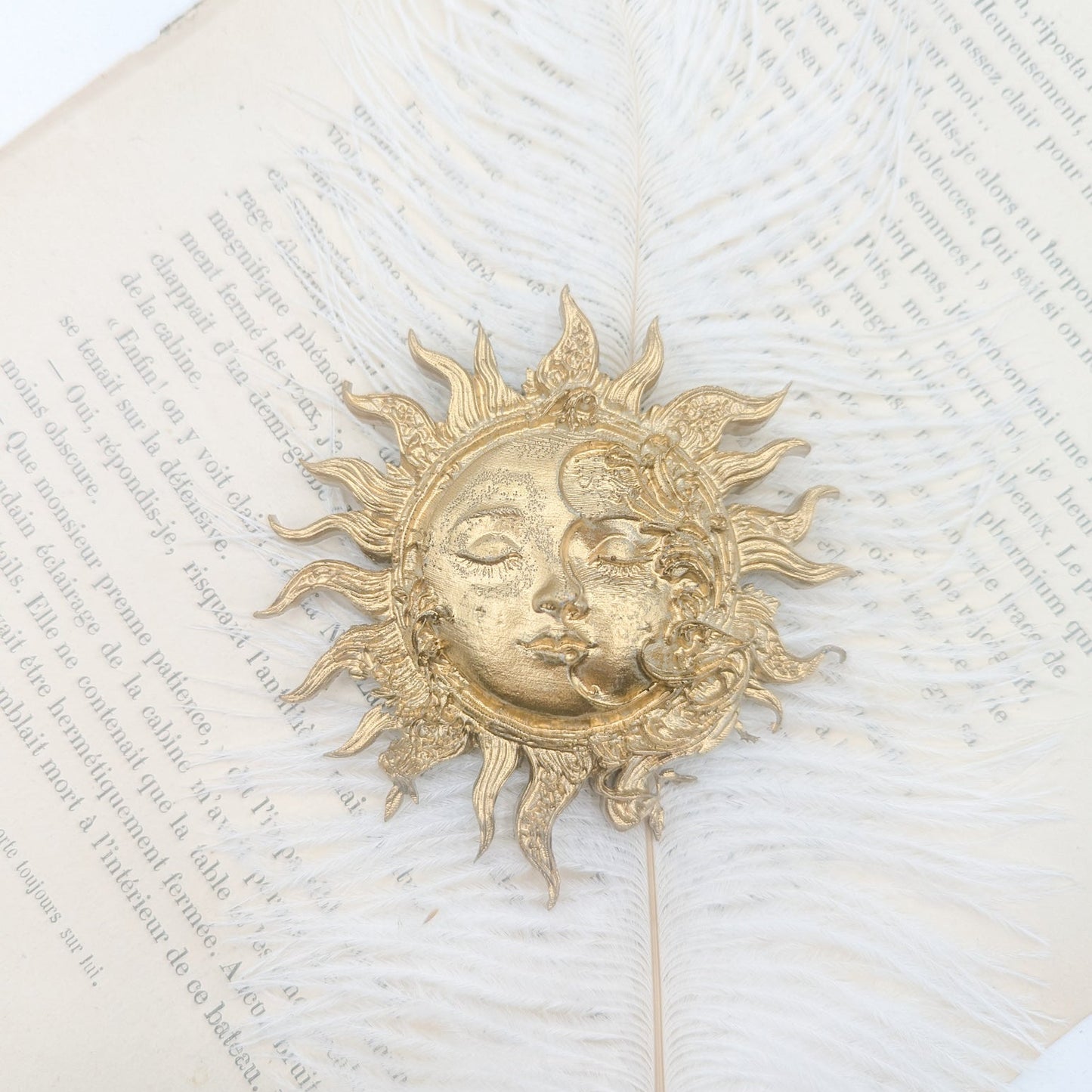 Décoration murale soleil et lune doré – visage mystique ésotérique bohème fait main